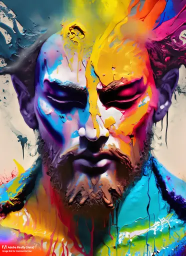 Firefly_A+bold and daring portrait of an evil _Jesus_ figure, created from an array of colorful mud explosions and paint splashes. The vivid color palette and dynamic splatters emphasize the chaotic na